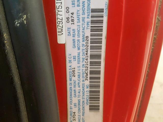 3VWCS21C41M402028 - 2001 VOLKSWAGEN NEW BEETLE Կարմիր լուսանկար 10