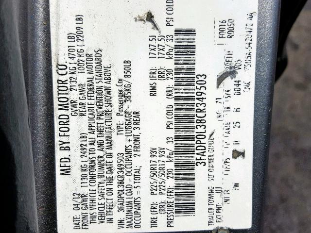 3FADP0L38CR349503 - 2012 FORD FUSION HYB GRAY photo 10