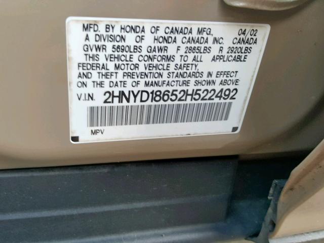 2HNYD18652H522492 - 2002 ACURA MDX TOURIN GOLD photo 10