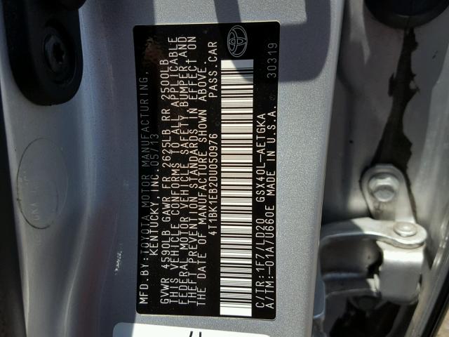 4T1BK1EB2DU050976 - 2013 TOYOTA AVALON BAS SILVER photo 10