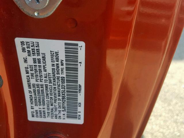 5J6YH286X5L031689 - 2005 HONDA ELEMENT EX ORANGE photo 10