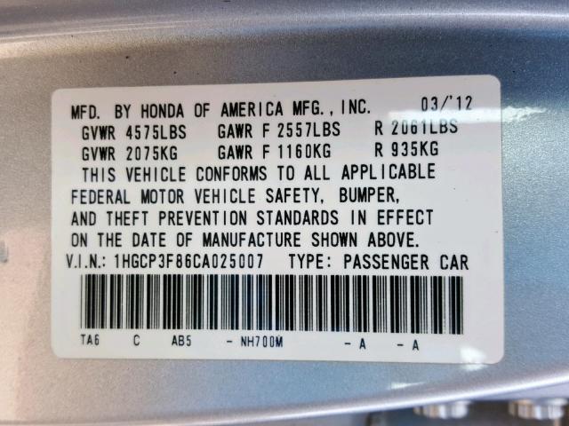 1HGCP3F86CA025007 - 2012 HONDA ACCORD EXL SILVER photo 10