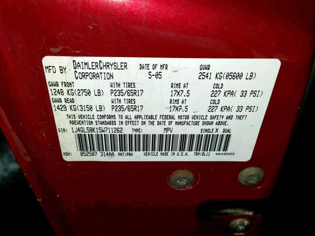 1J4GL58K15W711262 - 2005 JEEP LIBERTY LI RED photo 10