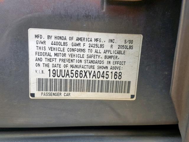 19UUA566XYA045168 - 2000 ACURA 3.2TL GRAY photo 10