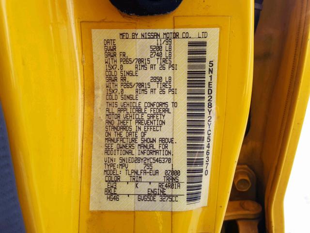 5N1ED28Y2YC546370 - 2000 NISSAN XTERRA XE YELLOW photo 10