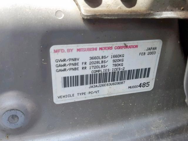 JA3AJ26E83U609087 - 2003 MITSUBISHI LANCER ES GRAY photo 10