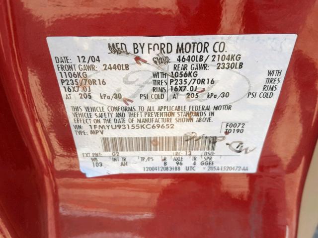 1FMYU93155KC69652 - 2005 FORD ESCAPE XLT MAROON photo 10