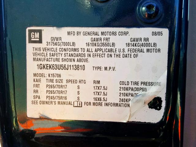 1GKEK63U56J113810 - 2006 GMC YUKON DENA BLUE photo 10