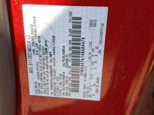 2FMDA57614BA88479 - 2004 FORD FREESTAR S RED photo 10