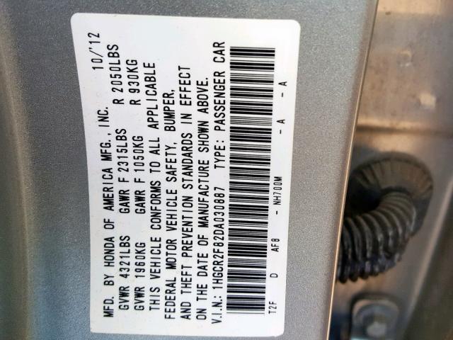 1HGCR2F82DA030887 - 2013 HONDA ACCORD EXL SILVER photo 10