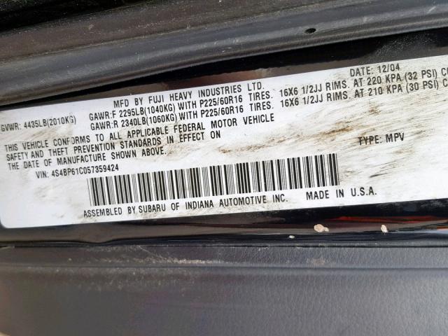 4S4BP61C057359424 - 2005 SUBARU LEGACY OUT BLACK photo 10