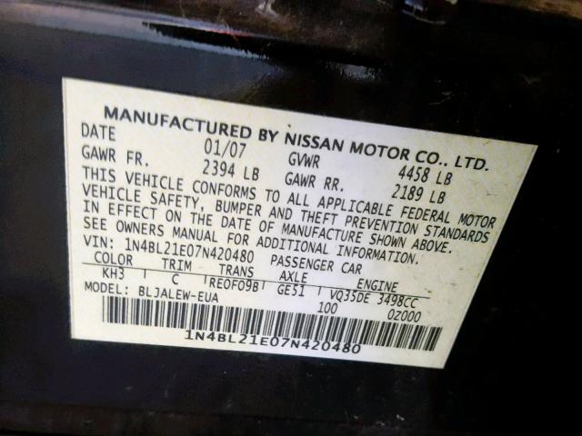 1N4BL21E07N420480 - 2007 NISSAN ALTIMA 3.5 BLACK photo 10