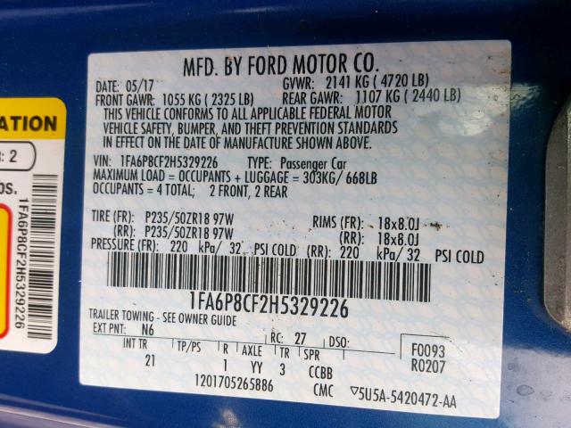 1FA6P8CF2H5329226 - 2017 FORD MUSTANG GT BLUE photo 10