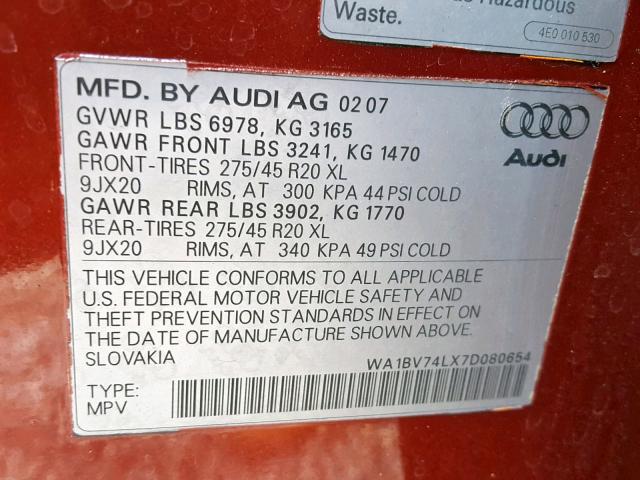 WA1BV74LX7D080654 - 2007 AUDI Q7 4.2 QUA RED photo 10