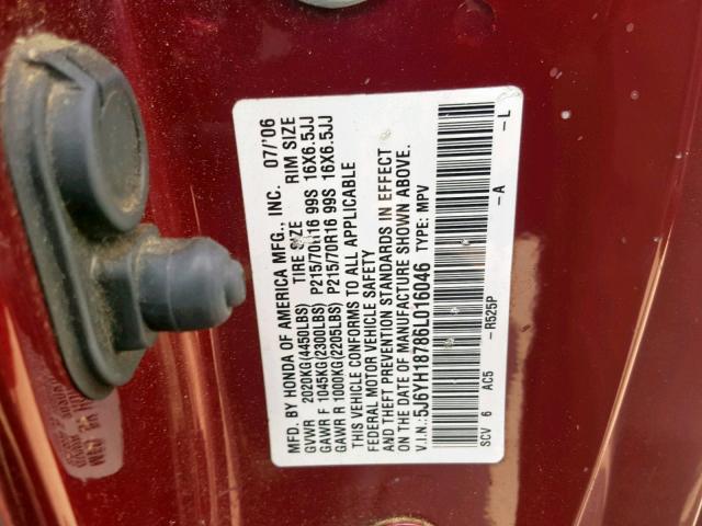 5J6YH18786L016046 - 2006 HONDA ELEMENT EX RED photo 10