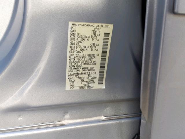 5N1AA08DX8N611561 - 2008 NISSAN ARMADA SE SILVER photo 10