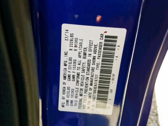 1HGCT1B8XEA016707 - 2014 HONDA ACCORD EXL BLUE photo 10