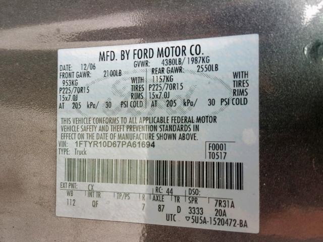 1FTYR10D67PA61694 - 2007 FORD RANGER GRAY photo 10