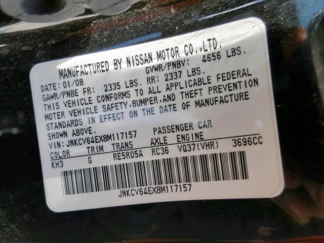 JNKCV64EX8M117157 - 2008 INFINITI G37 BASE BLACK photo 10