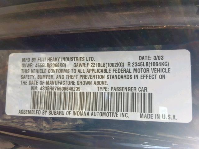 4S3BH675936646239 - 2003 SUBARU LEGACY OUT BLUE photo 10