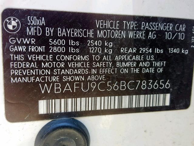 WBAFU9C56BC783656 - 2011 BMW 550 XI WHITE photo 10