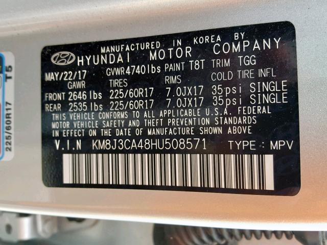 KM8J3CA48HU508571 - 2017 HYUNDAI TUCSON LIM SILVER photo 10