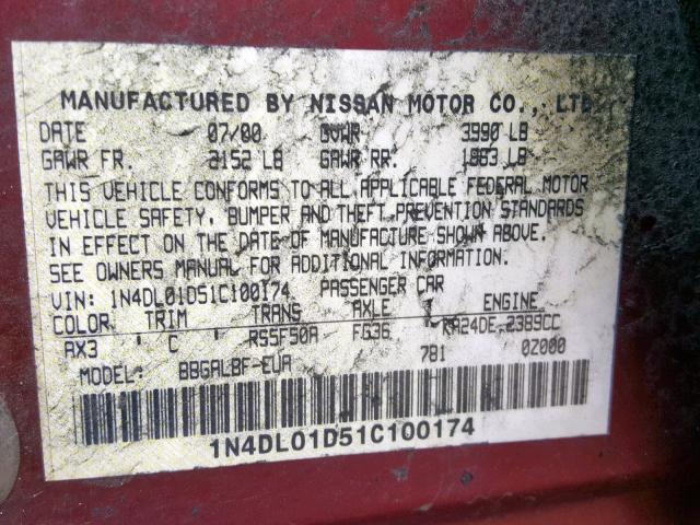 1N4DL01D51C100174 - 2001 NISSAN ALTIMA XE MAROON photo 10