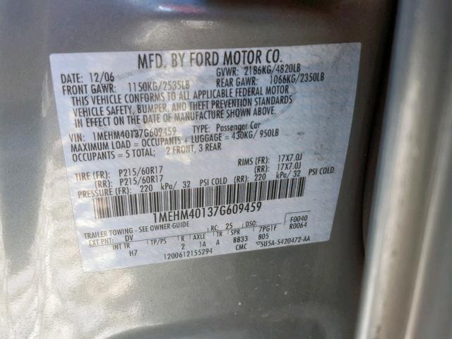 1MEHM40137G609459 - 2007 MERCURY MONTEGO LU GREEN photo 10