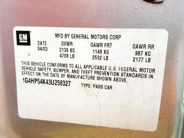 1G4HP54K43U258327 - 2003 BUICK LESABRE CU SILVER photo 10