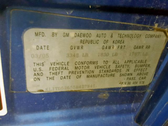 KL1TD52655B427841 - 2005 CHEVROLET AVEO BASE ლურჯი ფოტო 10