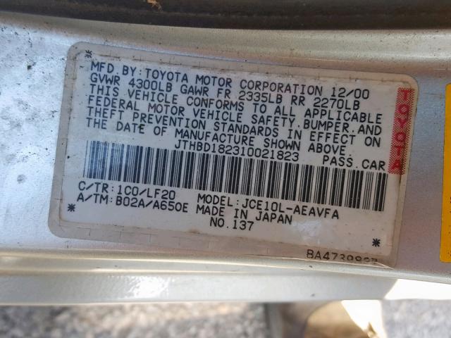 JTHBD182310021823 - 2001 LEXUS IS 300 SILVER photo 10