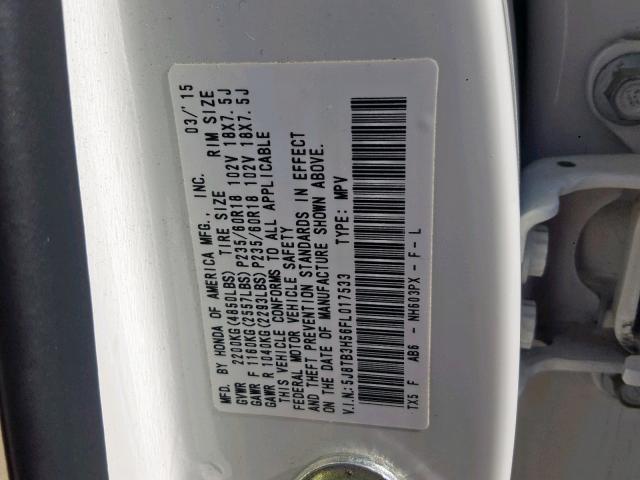 5J8TB3H56FL017533 - 2015 ACURA RDX TECHNO WHITE photo 10