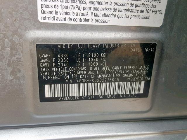 4S3BMEK62B2225605 - 2011 SUBARU LEGACY 3.6 GRAY photo 10