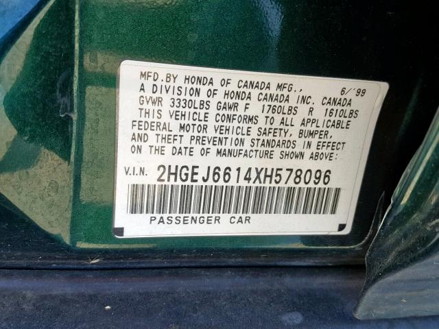 2HGEJ6614XH578096 - 1999 HONDA CIVIC BASE GREEN photo 10