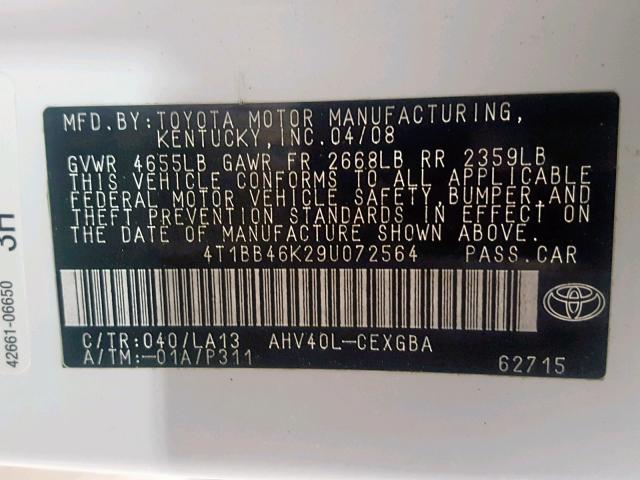 4T1BB46K29U072564 - 2009 TOYOTA CAMRY HYBR WHITE photo 10