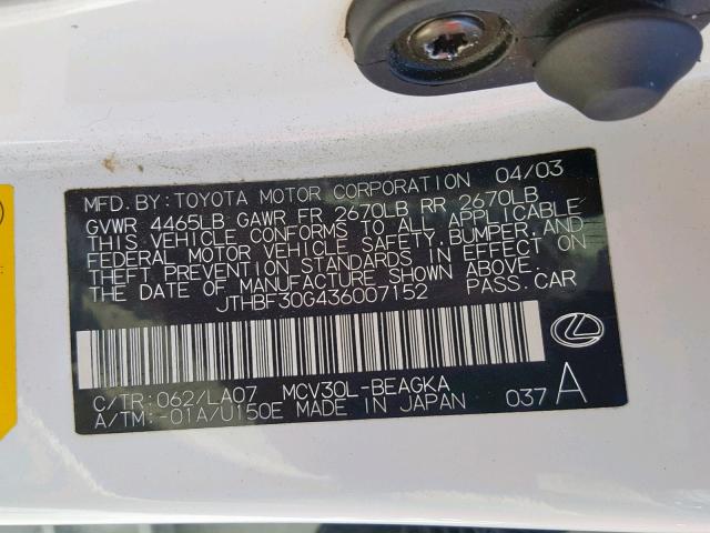 JTHBF30G436007152 - 2003 LEXUS ES 300 WHITE photo 10