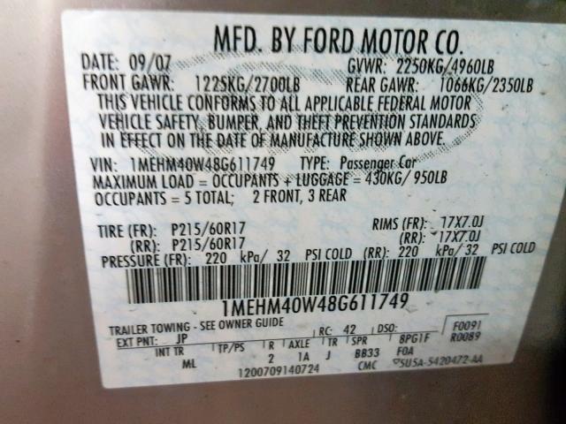 1MEHM40W48G611749 - 2008 MERCURY SABLE LUXU SILVER photo 10