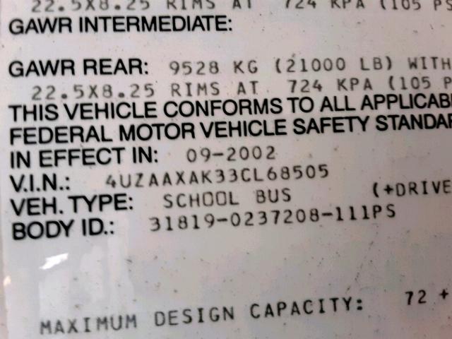 4UZAAXAK33CL68505 - 2003 FREIGHTLINER CHASSIS FS 黄色 照片 10