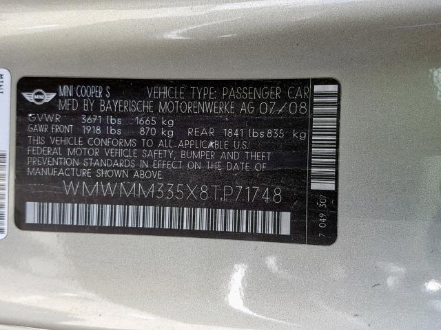 WMWMM335X8TP71748 - 2008 MINI COOPER S C GRAY photo 10