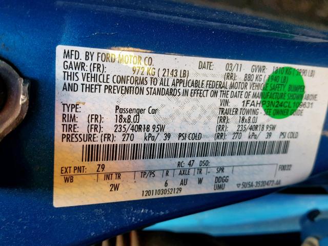 1FAHP3N24CL109631 - 2012 FORD FOCUS TITA BLUE photo 10