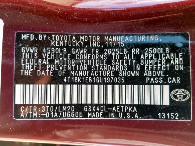 4T1BK1EB1GU197035 - 2016 TOYOTA AVALON XLE RED photo 10