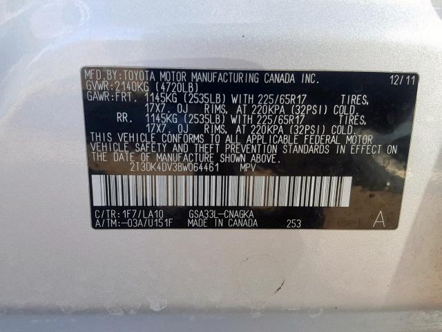 2T3DK4DV3BW064461 - 2011 TOYOTA RAV4 LIMIT SILVER photo 10