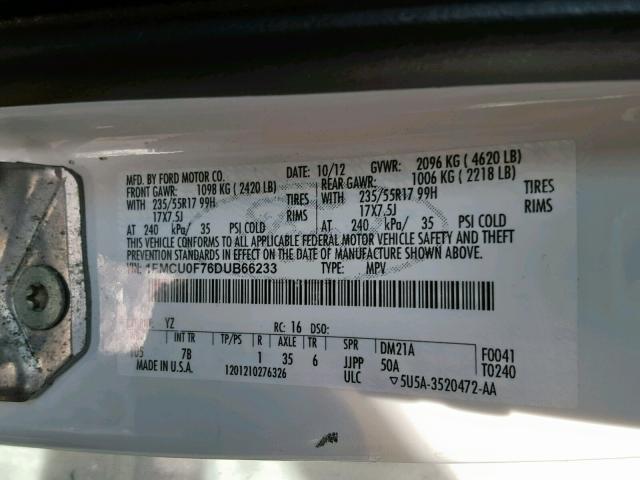 1FMCU0F76DUB66233 - 2013 FORD ESCAPE S WHITE photo 10