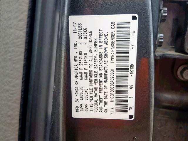 1HGCP36838A020631 - 2008 HONDA ACCORD EXL GRAY photo 10