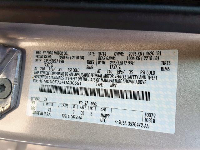 1FMCU0F75FUA30551 - 2015 FORD ESCAPE S SILVER photo 10