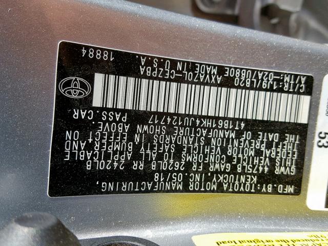 4T1B61HK4JU124717 - 2018 TOYOTA CAMRY XSE SILVER photo 10