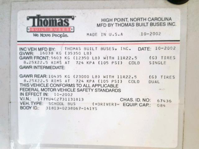 1T7YU4C2731131813 - 2003 THOMAS SCHOOL BUS YELLOW photo 10