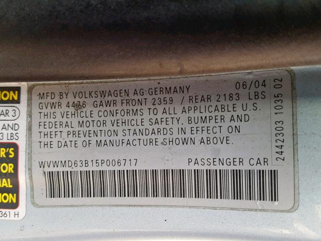 WVWMD63B15P006717 - 2005 VOLKSWAGEN PASSAT GL BLUE photo 10