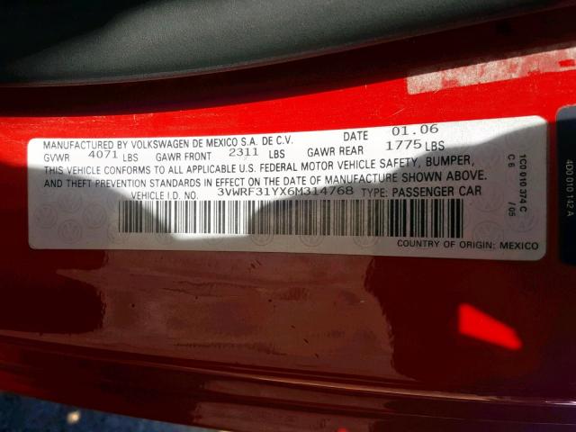 3VWRF31YX6M314768 - 2006 VOLKSWAGEN NEW BEETLE წითელი ფოტო 10