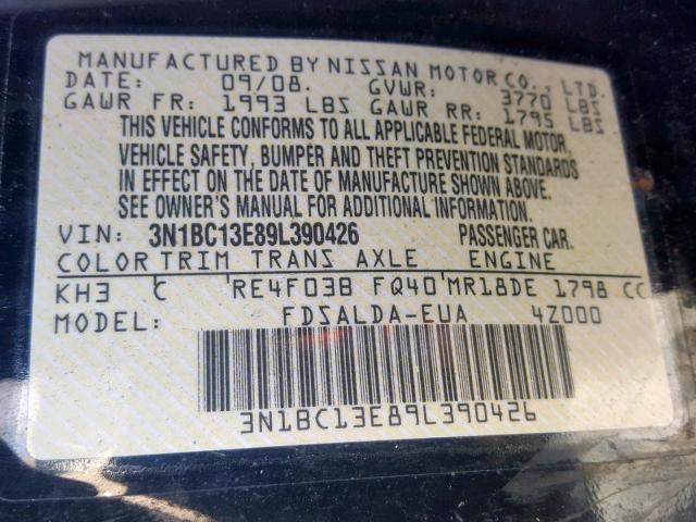 3N1BC13E89L390426 - 2009 NISSAN VERSA S BLACK photo 10